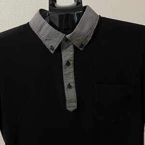 Uniqlo Black Pique Knit Polo Shirt w/Pocket & Contrast Collar & Plaquette LARGE